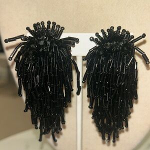 Vintage Jet black Bugle Bead Waterfall Clip on Earrings-Boutique